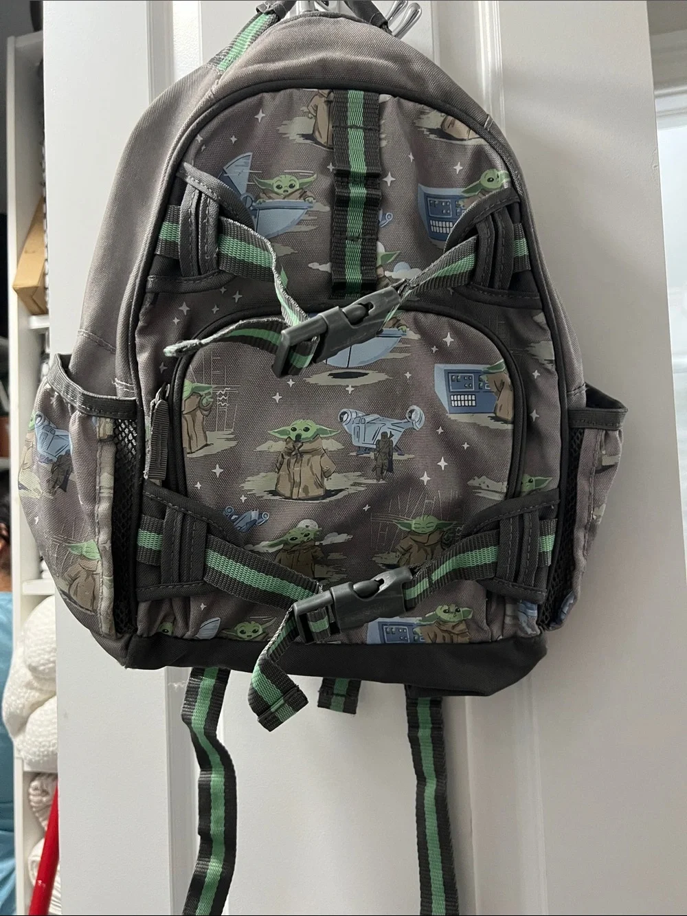 Pottery Barn Kids Gray Grogu-Themed Backpack with Green Accents